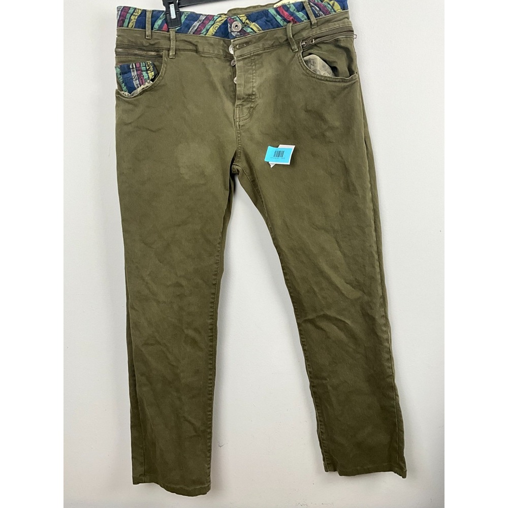 Desigual Mens Regular Fit Olive Green Jeans Size 38 Multicolor Trim Zip‎ Detail